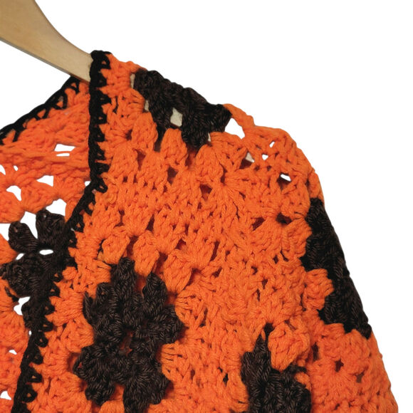 Crochet Flower Cardigan Retro Y2K Boho Sweater Orange Brown 70s Medium Large - Picture 4 of 12
